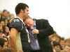 Motivational speaker Ed Gerety hugs senior Kirk Harris to demonstrate the importance of the \'three little words\', I love you. After telling Harris he loved him, Gerety continued to talk to the school about being grateful for what students have. 