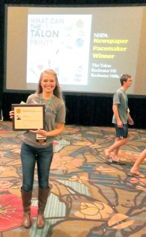 A staff member from The JagWire from Mill Valley High School earns a Pacemaker award for newspaper at the Orlando NSPA/JEA convention November 14, 2015.