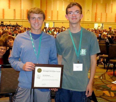 Staff members from The Harbinger from Shawnee Mission East High School earn a Pacemaker award for newspaper at the Orlando NSPA/JEA convention November 14, 2015.