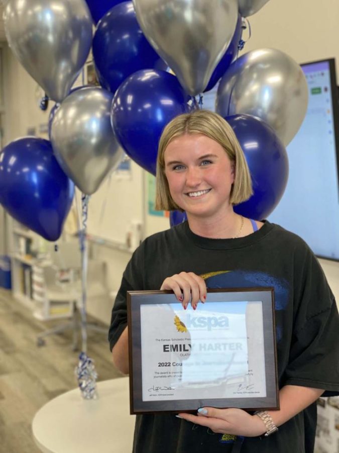 The 2022 Courage in Journalism Award from KSPA is Emily Harter of Olathe West High School. She earned the award for an opinion piece asking her school to abolish a hand sign that was used both to celebrate the school and as a symbol of white pride among far right groups.