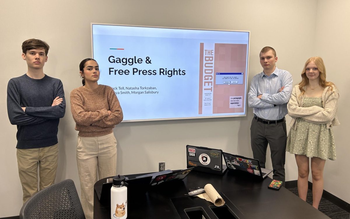 Student editors posed before meeting with school administrators in 2024. Pictured are 2024 graduates Morgan Salisbury, Natasha Torkzaban, Jack Tell and Maya Smith.